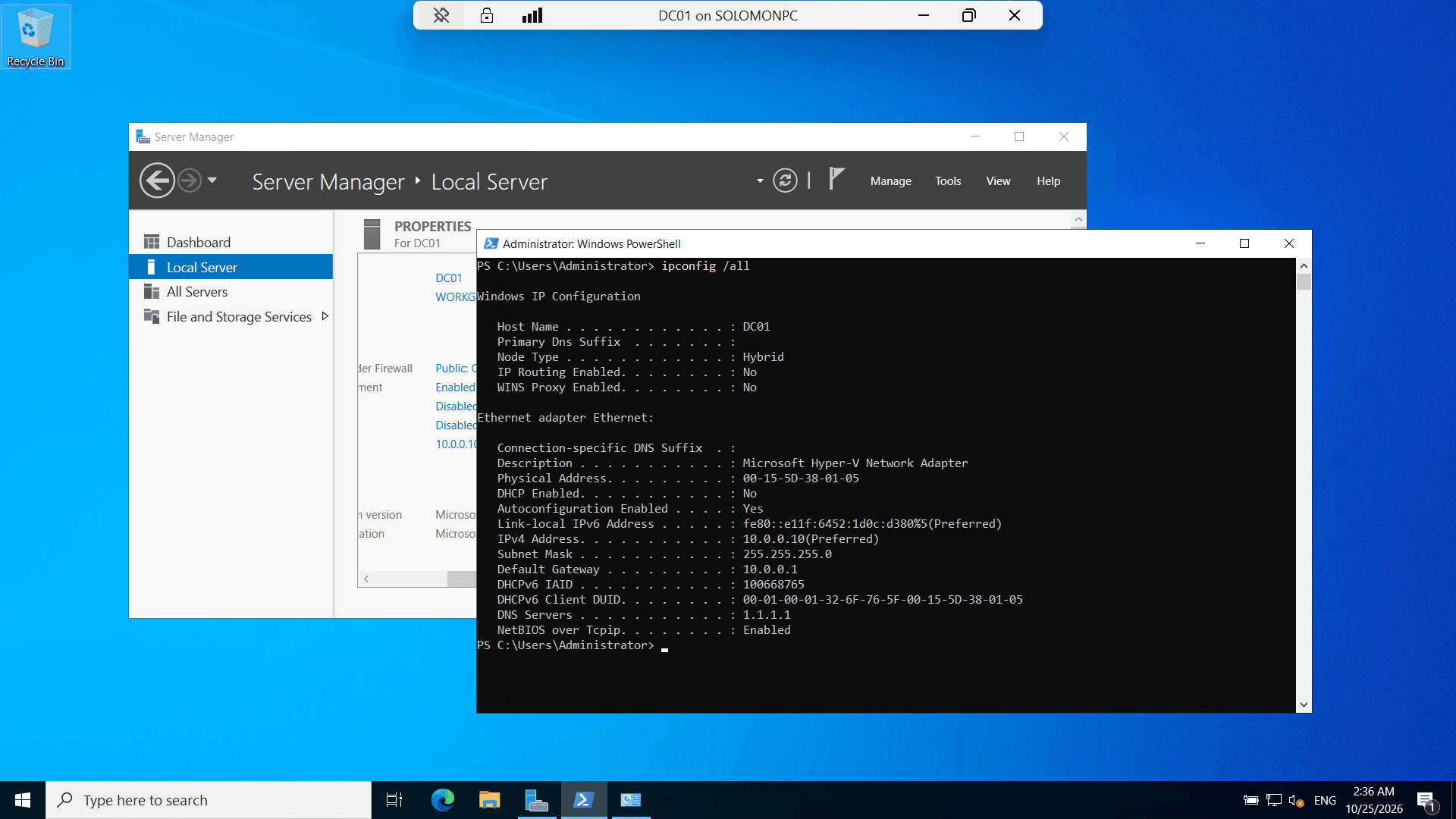 DC01's static IP (10.0.0.10), set before promotion to domain controller